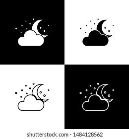 Set Cloud with moon and stars icon isolated on black and white background. Cloudy night sign. Sleep dreams symbol. Night or bed time sign.  Vector Illustration