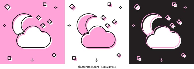 Set Cloud with moon and stars icon isolated on pink and white, black background. Cloudy night sign. Sleep dreams symbol. Night or bed time sign.  Vector Illustration