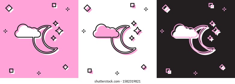 Set Cloud with moon and stars icon isolated on pink and white, black background. Cloudy night sign. Sleep dreams symbol. Night or bed time sign.  Vector Illustration