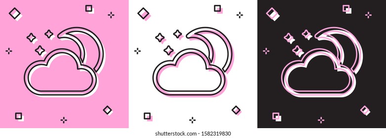 Set Cloud with moon and stars icon isolated on pink and white, black background. Cloudy night sign. Sleep dreams symbol. Night or bed time sign.  Vector Illustration
