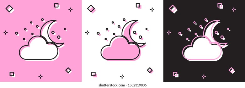 Set Cloud with moon and stars icon isolated on pink and white, black background. Cloudy night sign. Sleep dreams symbol. Night or bed time sign.  Vector Illustration