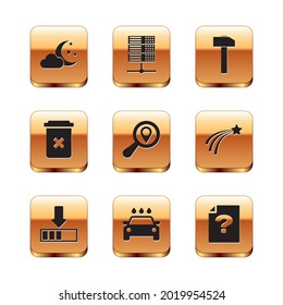 Set Cloud with moon and stars, Loading, Car wash, Search location, Trash can and Hammer icon. Vector