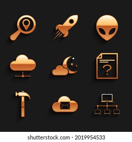 Set Cloud with moon and stars, mail server, Computer network, Unknown document, Hammer and Network cloud connection icon. Vector
