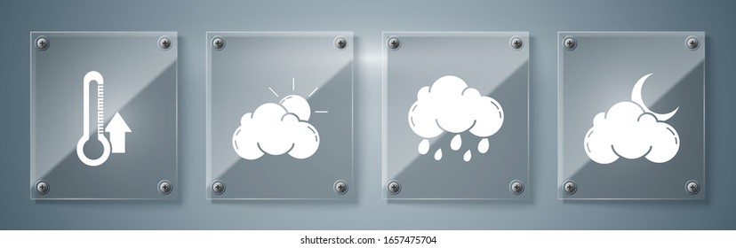 Ponga Nube con luna y estrellas, Nube con lluvia, Sol y clima nublado y Termómetro. Paneles de vidrio cuadrado. Vector