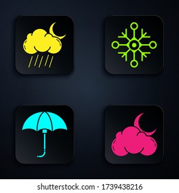 Set Cloud with moon and stars, Cloud with rain and moon, Classic elegant opened umbrella and Snowflake. Black square button. Vector