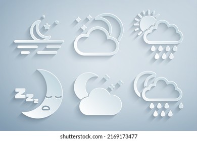 Set Cloud with moon and stars, rain sun, Moon icon,  and  icon. Vector