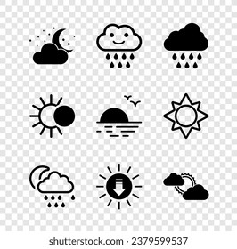 Set Cloud with moon and stars, rain, Sunset, cloud weather, Eclipse of sun and  icon. Vector