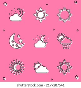 Ponga Nube con la luna y las estrellas, Sol, Luna, sol de lluvia, Eclipse del y el icono del clima de la nube. Vector