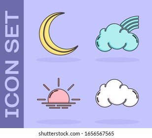 Set Cloud, Moon and stars, Sunrise and Rainbow with clouds icon. Vector