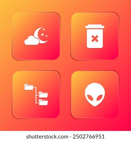 Set Cloud with moon and stars, Trash can, Folder tree and Alien icon. Vector
