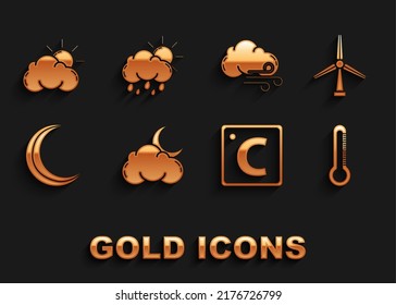 Set Cloud with moon and stars, Wind turbine, Thermometer, Celsius, Moon, Windy weather, Sun cloud and rain sun icon. Vector