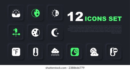 Set Cloud with moon, Thermometer, Moon phases, Water drop percentage, Rooster weather vane,  and Fog and cloud icon. Vector