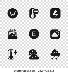 Set Cloud with moon, Weather forecast app, Hail cloud, Compass west, Lightning bolt, north, Thermometer and Rainbow icon. Vector