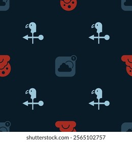 Set Cloud with moon, Weather forecast app and Rooster weather vane on seamless pattern. Vector