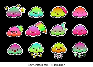 Set Of Cloud Neon Shaped Emoji With Different Mood. Kawaii Cute Clouds Emoticons And Japanese Anime Emoji Faces Expressions. Vector Cartoon Style Comic Icons Set. Eps