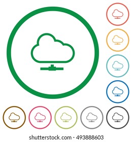 Set of cloud network color round outlined flat icons on white background