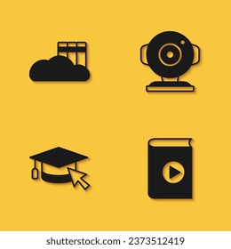 Set Cloud or online library, Audio book, Graduation cap with cursor and Web camera icon with long shadow. Vector