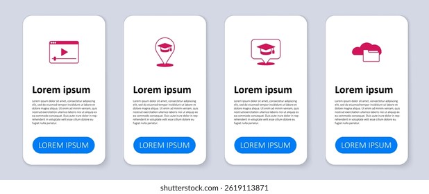 Set Cloud or online library, Graduation cap speech bubble, Online education and play video. Business infographic template. Vector