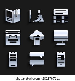 Set Cloud or online library, Speech bubble chat, Online book mobile, Computer monitor screen, Mobile phone, Browser window, quiz, test, survey and Open icon. Vector