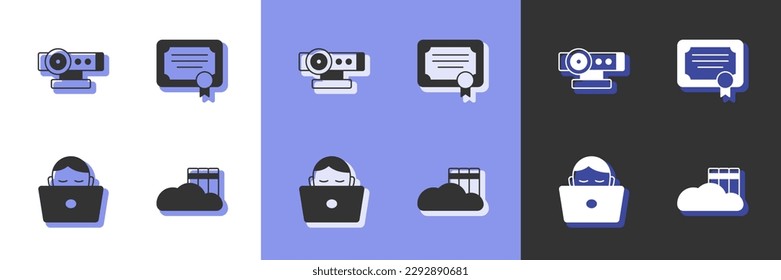 Set Cloud or online library, Web camera, Student working at laptop and Certificate template icon. Vector