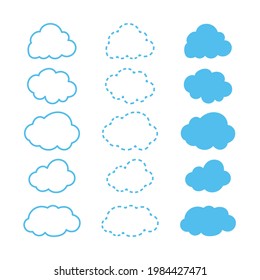 Set of cloud outline icons and realistic cloud. Nature symbol vector illustration on sky background.
