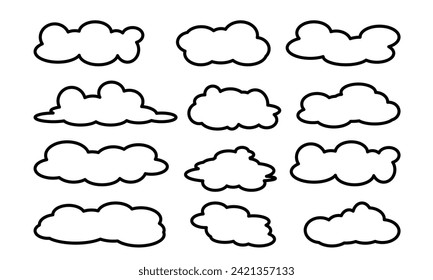 Set of cloud outline signs of different shapes in outline silhouette