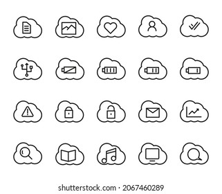 Set Of Cloud Outline Vector Icons. Illustration Of A Stroke Vector On A White Background. For App And Website