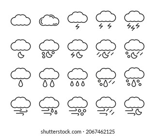 Set Of Cloud Outline Vector Icons. Illustration Of A Stroke Vector On A White Background. For App And Website