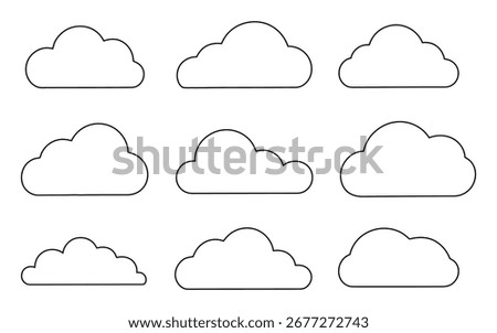 Set of cloud outlines. Simple cloud shapes. black outlines. Minimalist cloud design vector illustration isolated on white background