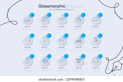 Set of Cloud protection, Wallet and Music phone line icons for web app. Cloud upload, Card, Diamond icons. Messenger, Favorite chat, Lock signs. Contactless payment, Medicine, Mail. Vector