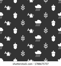 Set Cloud with rain, Acorn, Watering can and Leaf or leaves on seamless pattern. Vector