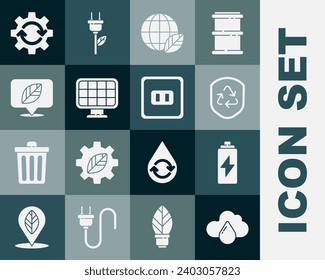 Set Cloud with rain, Battery, Recycle symbol inside shield, Earth globe and leaf, Solar energy panel, Location, Gear arrows as workflow and Electrical outlet icon. Vector