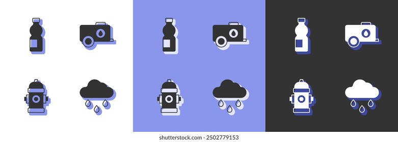 Nube con lluvia, botella de agua, boca de incendios e icono de tanque móvil. Vector