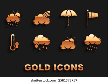 Set Cloud with rain, Cone meteorology windsock wind vane, Sun and cloud weather, Thermometer, Classic elegant opened umbrella, sun and Rainbow clouds icon. Vector