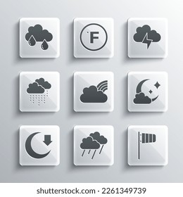 Set Cloud with rain, Cone windsock wind vane, moon, Rainbow clouds, Moon,  and Storm icon. Vector