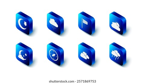 Set Cloud with rain, Cone windsock wind vane, Sun and cloud weather, Compass, moon and Moon icon. Vector