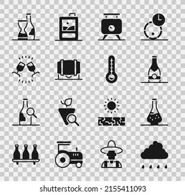 Set Cloud with rain, Decanter for wine, Champagne bottle, Fermentation of grapes, Wooden barrel, Wine tasting, degustation, Bottle and Meteorology thermometer icon. Vector