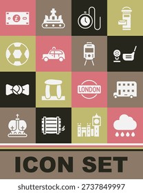 Set Cloud with rain, Double decker bus, Golf club ball on tee, Watch chain, Taxi car, Football, Pound sterling money and Tram and railway icon. Vector