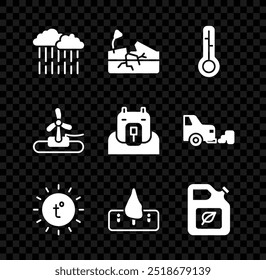 Set Cloud with rain, Earthquake, Meteorology thermometer, Sun, Deforestation, Bio fuel canister, Wind turbine and Polar bear head icon. Vector