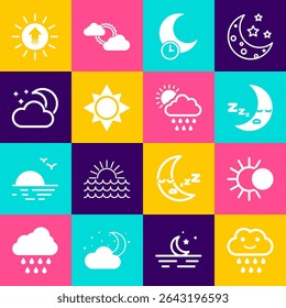Set Cloud with rain, Eclipse of the sun, Moon icon, Sleeping moon, Sun, and stars, Sunset and  icon. Vector