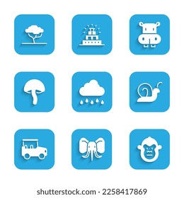 Set Cloud with rain, Elephant, Monkey, Snail, Safari car, Mushroom, Hippo or Hippopotamus and African tree icon. Vector