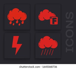 Set Cloud with rain, Cloud with rain, Fahrenheit and cloud and Lightning bolt icon. Vector
