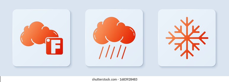 Ponga Nube con lluvia, Fahrenheit, nube y copos de nieve. Botón cuadrado blanco. Vector