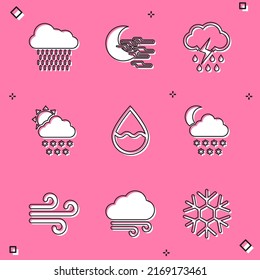 Set Cloud with rain, Fog and moon, lightning, snow sun, Water drop and  icon. Vector