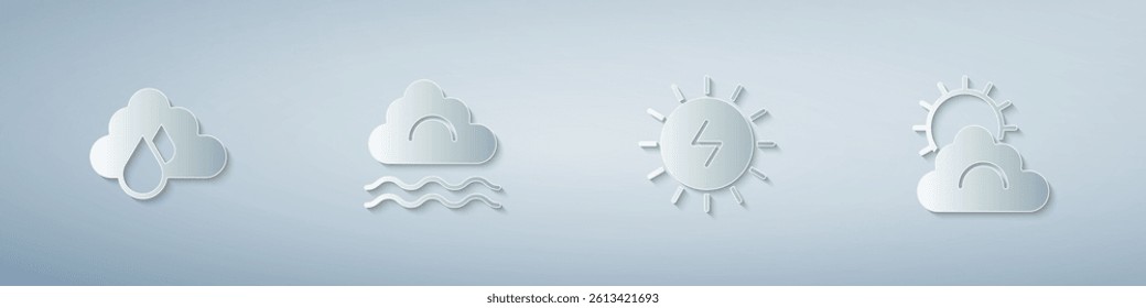 Set Cloud with rain, Fog and cloud, Solar energy panel and Sun weather. Paper art style. Vector