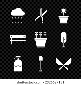 Ponga en juego la nube con la lluvia, las tijeras artesanales de jardinería, la olla de flores, la pulverización, la pala, el banco y las plantas. Vector