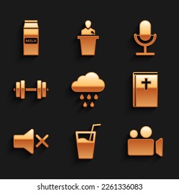 Set Cloud with rain, Glass water, Movie or Video camera, Holy bible book, Speaker mute and Dumbbell icon. Vector