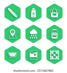 Set Cloud with rain, Glass of whiskey ice, Checkered napkin, Jam jar, Watermelon, Picnic location, Hiking backpack and French baguette bread icon. Vector