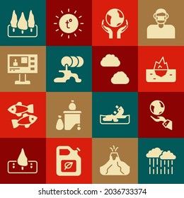 Set Cloud with rain, Hands holding Earth globe, Iceberg, Barrel oil leak, Television report, Forest and  icon. Vector