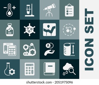 Set Cloud with rain, Height geometrical figure, Atom, Telescope, Virus, Medicine bottle and pills, Thermometer and Graph chart infographic icon. Vector